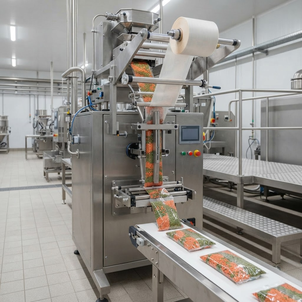 Vertical form fill seal (VFFS) machine packing lentils into pouches