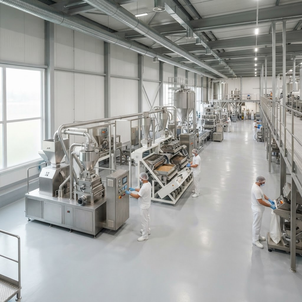 Modern food processing facility interior with stainless steel machinery