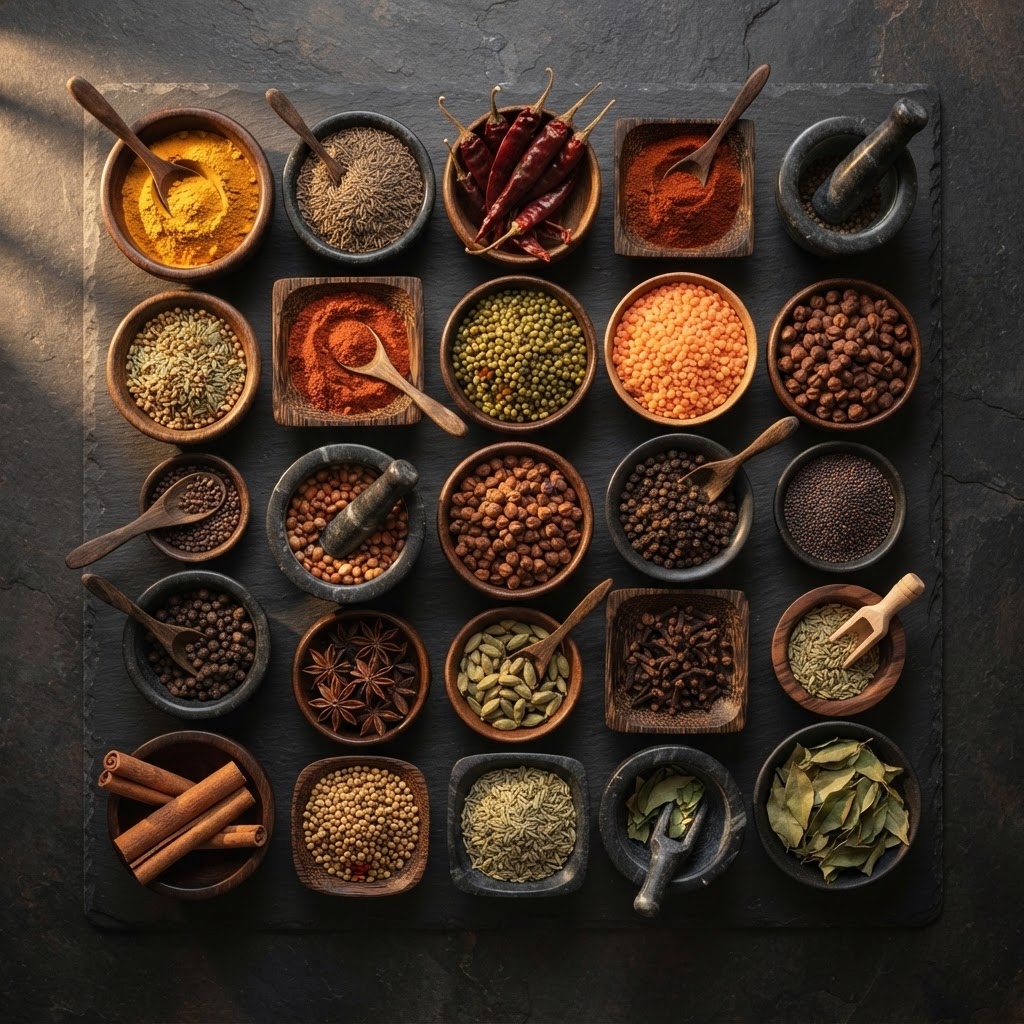 Assorted Indian spices, lentils and grains in bowls
