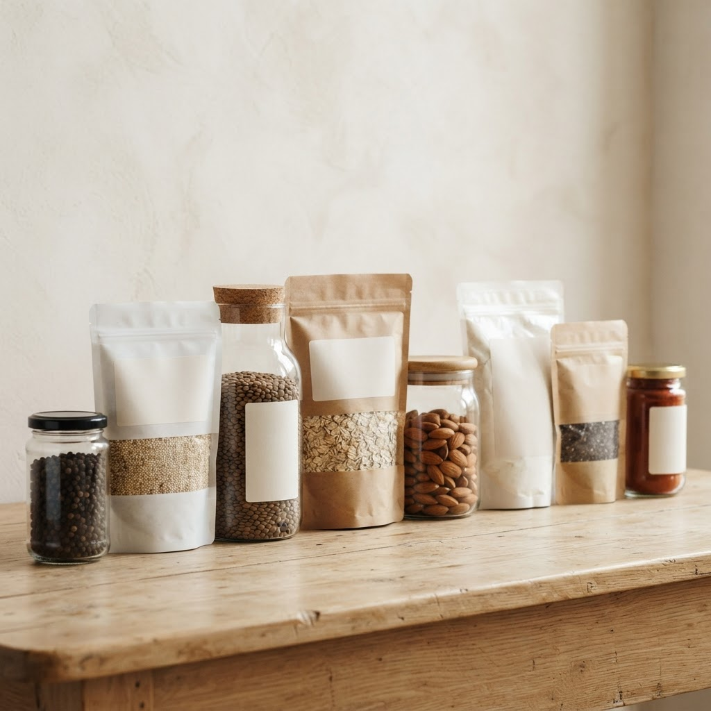 Neutral private-label food packaging pouches and jars ready for branding